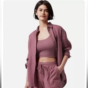 Athleta 100% Linen Shirt Womens L Playa Tawny Rose Long Sleeve Button Up